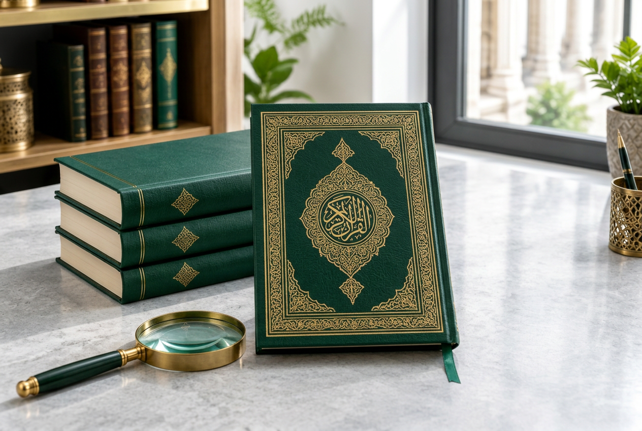كتب علمية ومصحف بزخارف ذهبية على مكتب مضاء